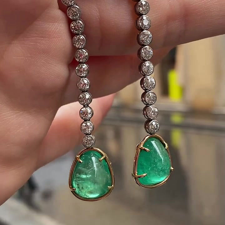 Two-tone Emerald&White Sapphire Dangle Earrings