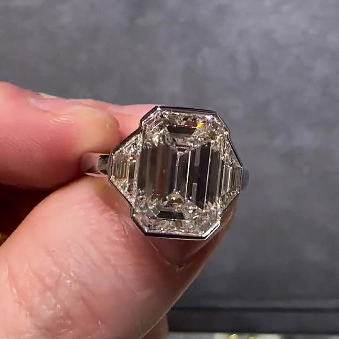 4ct Bezel Setting Emerald Cut White Sapphire Three-stone Engagement Ring