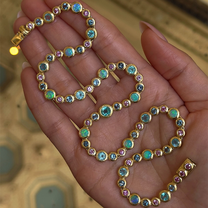 Fashion Round Cut Opal & Multicolor Sapphire Tennis Necklace