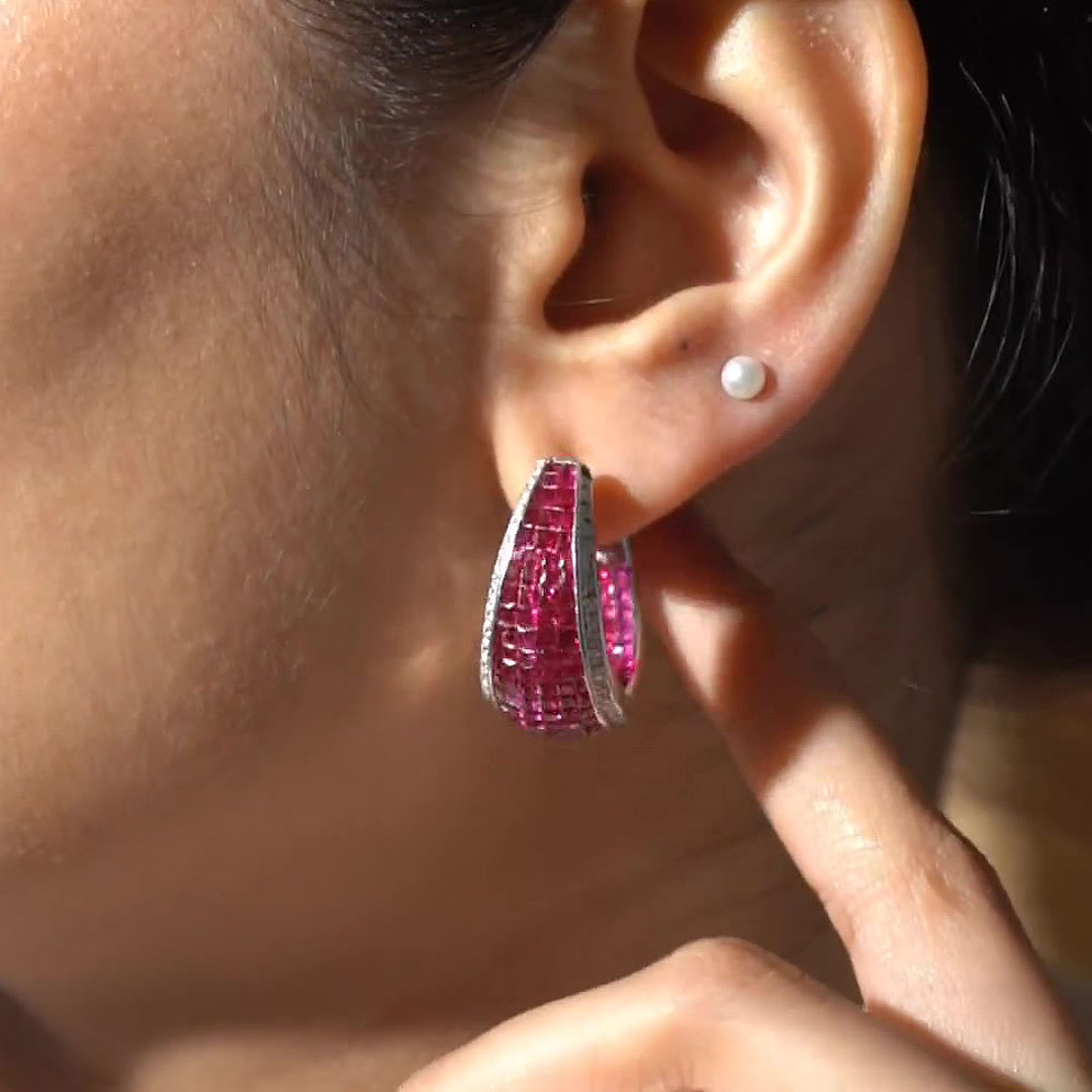 Invisible Setting Princess Cut Ruby Sapphire Hoop Earrings