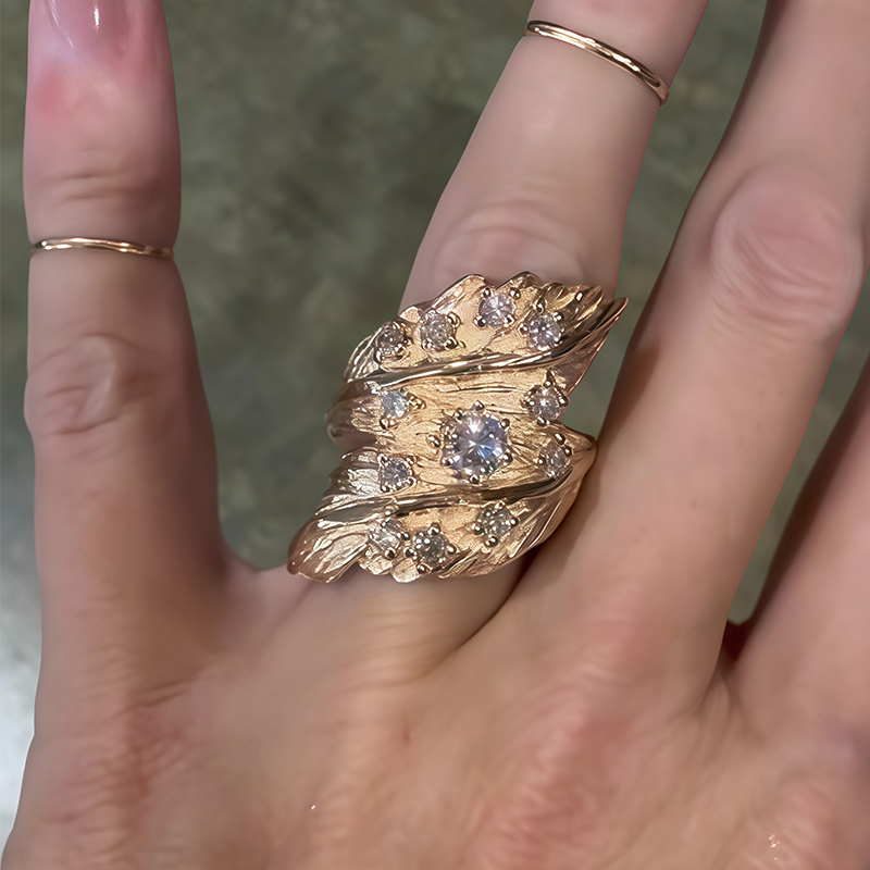 Textured Leaf Cluster Round Cut White Sapphire Band