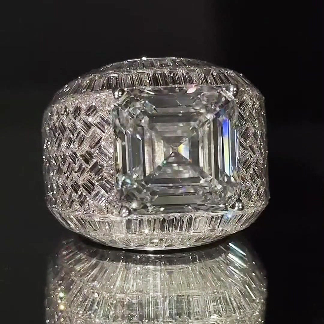 Sparkling 10ct Asscher Cut White Sapphire Men's Hip Hop Ring