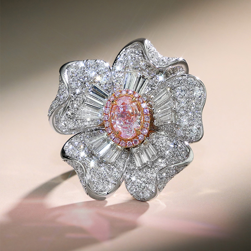 Fashion 2.75ct Oval Cut Pink Sapphire Pave Multi-Cut 3D Flower Engagement Ring