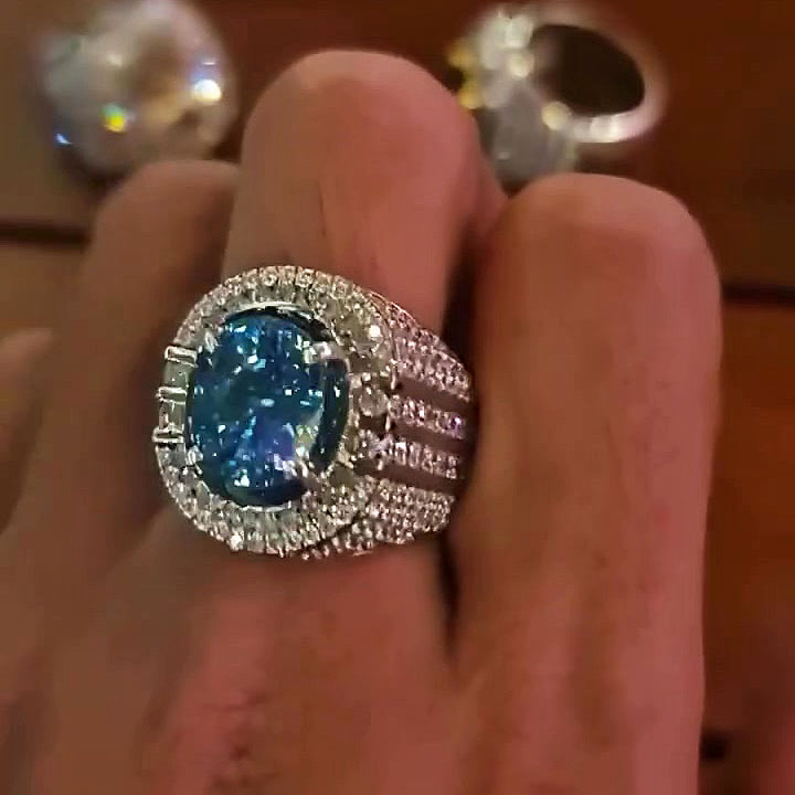 5ct Oval Cut Aquamarine Sapphire Men's Engagement Ring