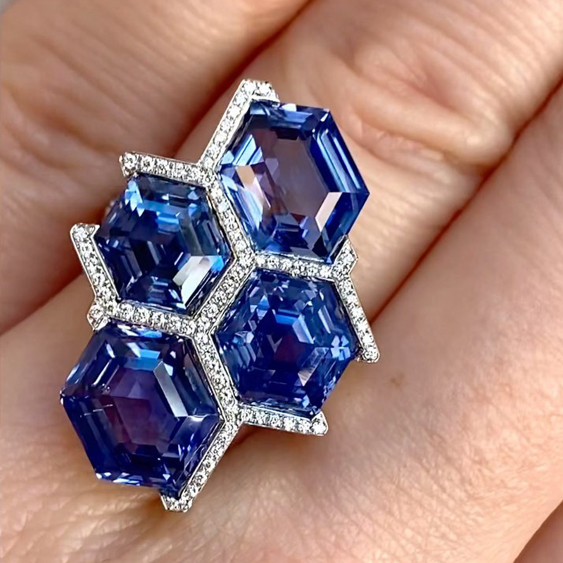 Geometric 12ctw Hexagon Cut Blue Sapphire Ring