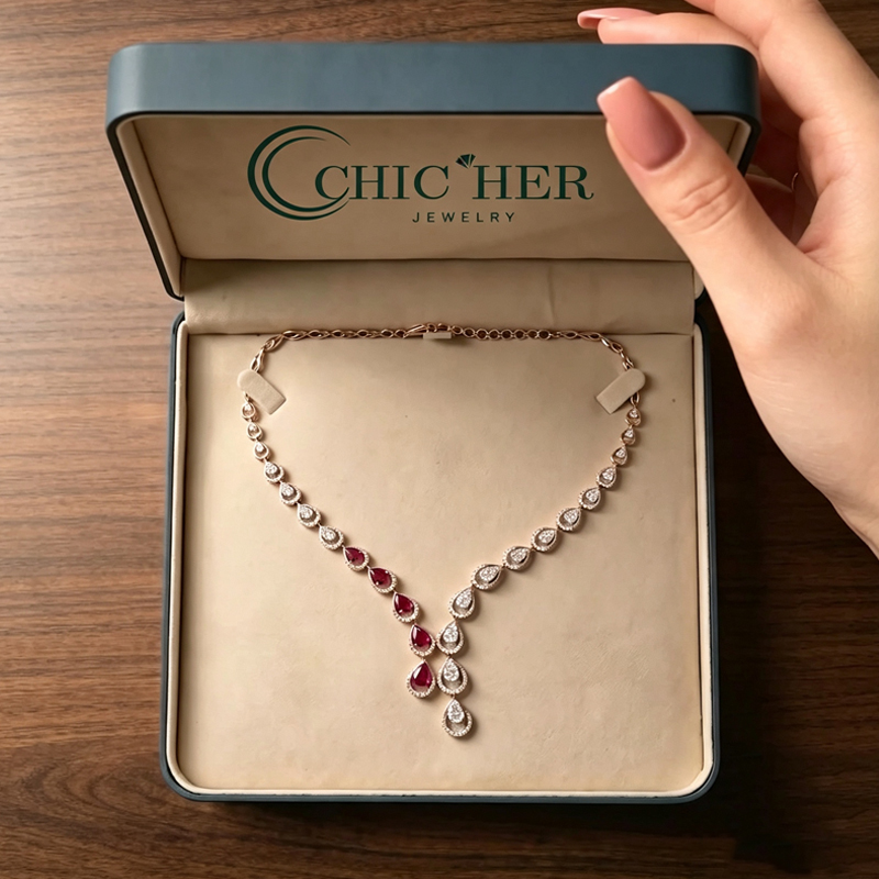 Fashion Pear Cut Red & Round Cut White Sapphire Two Tone Necklace