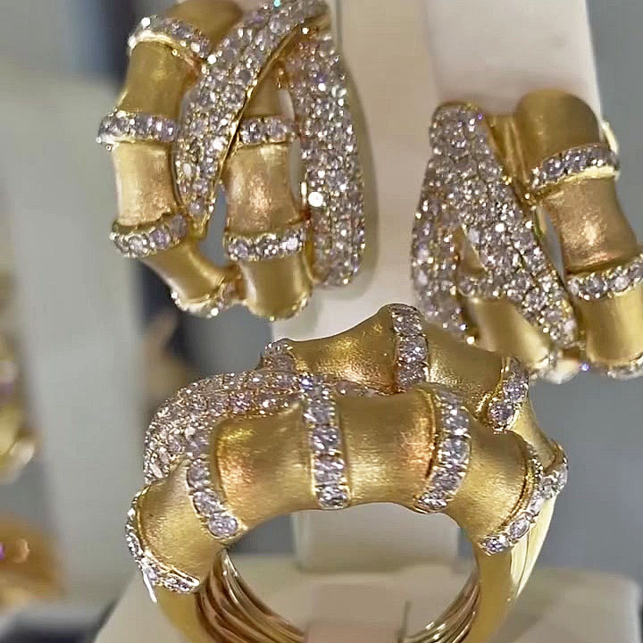 3.25ct Bamboo Round Cut White Sapphire Ring&Earrings