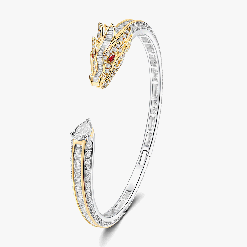 Art Multi-Cut White & Ruby Sapphire Two-Tone Dragon Open Cuff Unisex Bracelet
