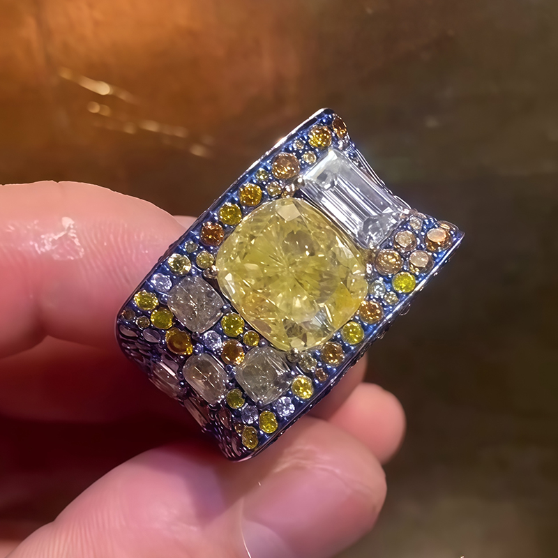 Cushion Cut Fancy Yellow Diamond & Multi-Gem Statement Ring