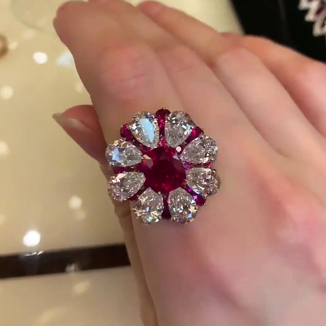 4ct Cushion Cut Ruby Sapphire Halo Flower Engagement Ring