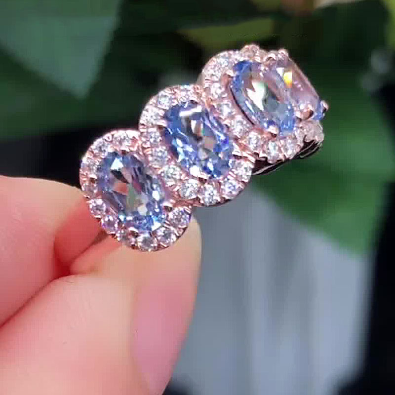 6.25ct Five -stone Halo Oval Aquamarine Ruby Sapphire Eternity Ring