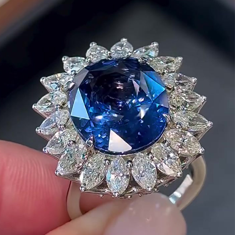 4ct Oval Cut Blue Sapphire Sunflower Engagement Ring