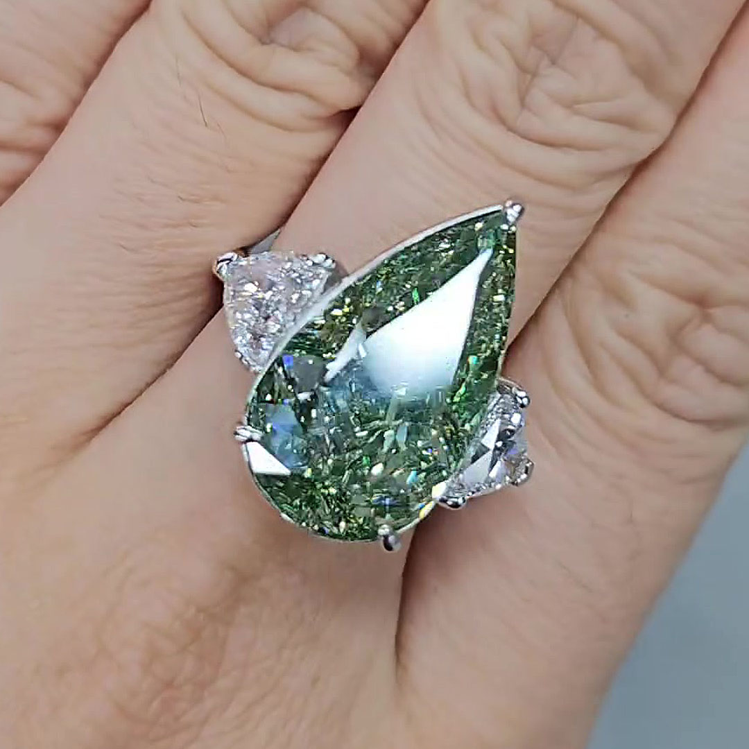 5ct Three-stone Pear Cut Green Ice Dapple Sapphire Engagement Ring