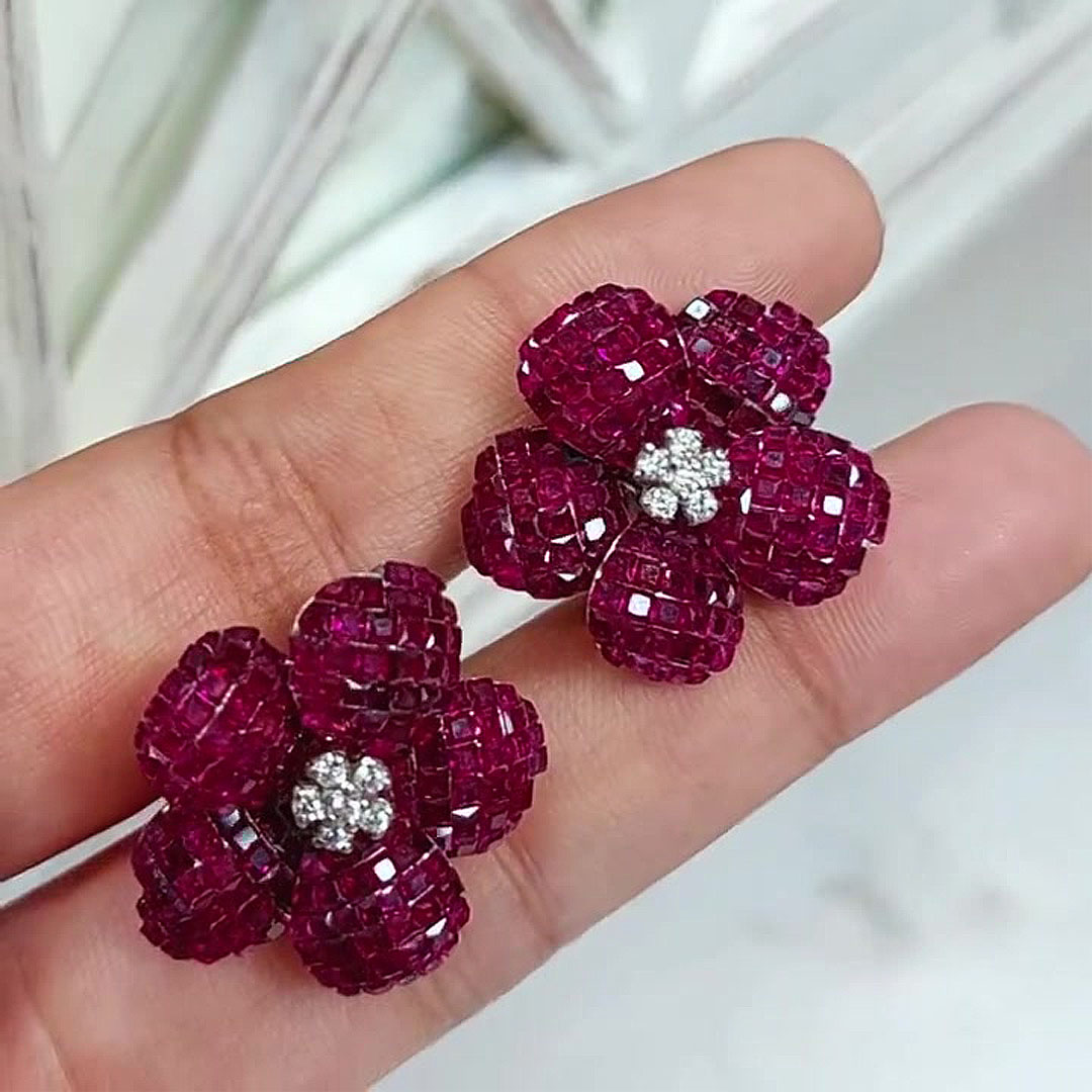 Flower Design Ruby&White Sapphire Stud Earrings