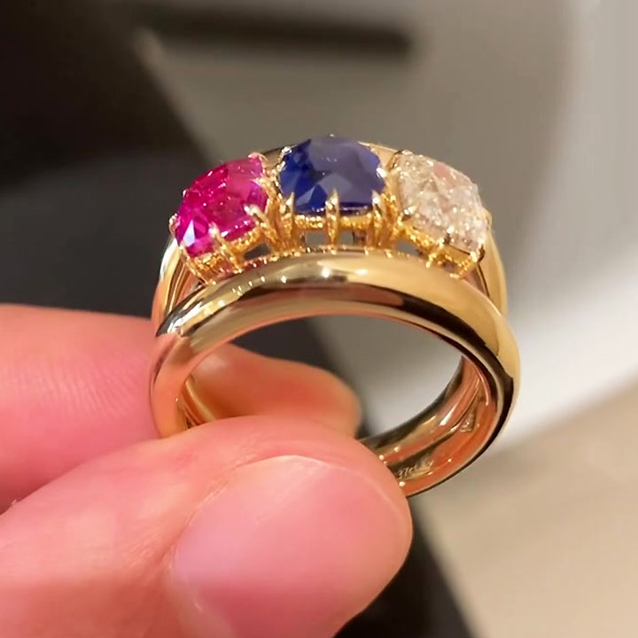 2ct Three-stone Cushion Cut Multi-color Split Shank Ring