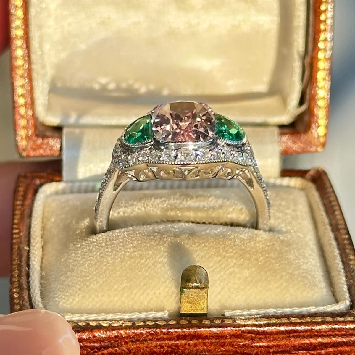 Chic Contrast 2ct Cushion Cut Pink & Emerald Sapphire Halo Ring