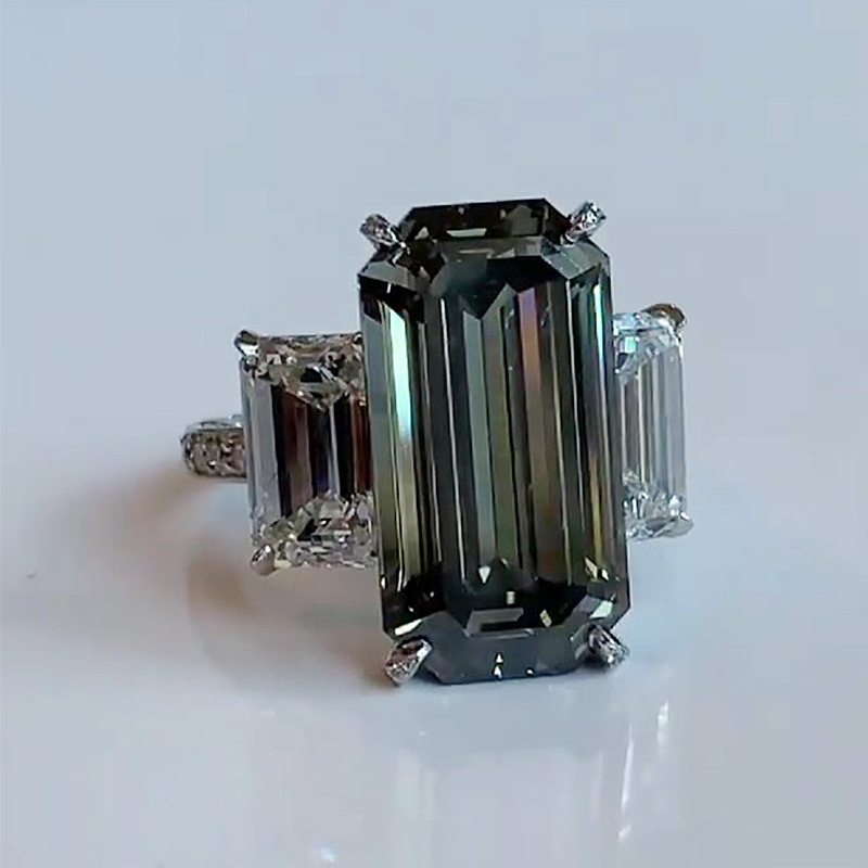 Three Stone 5ct Emerald Cut Deep Peridot Sapphire Ring