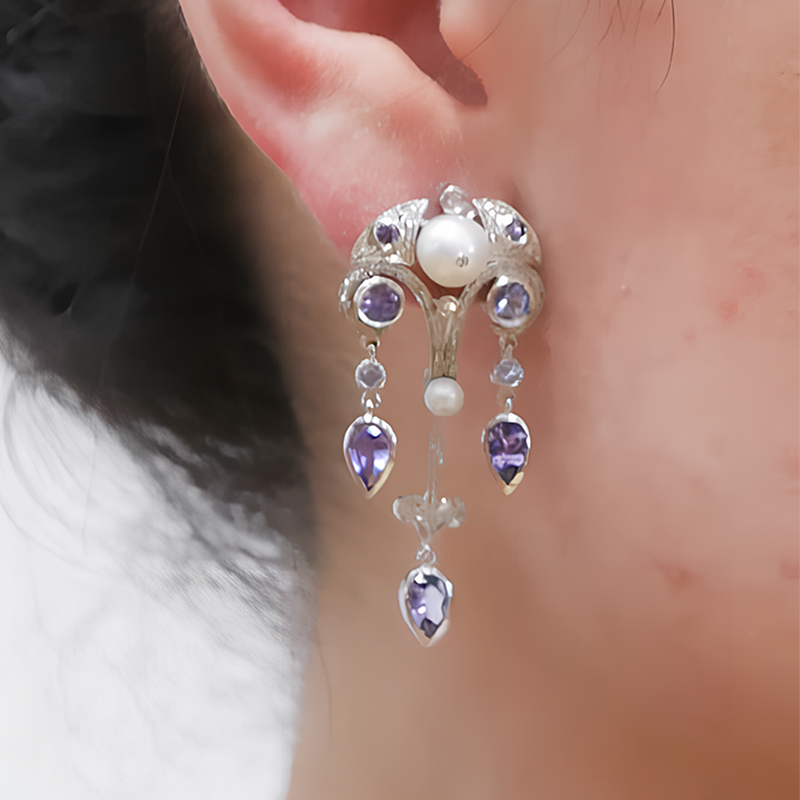 Art Deco Tanzanite&Pearl Drop Earrings
