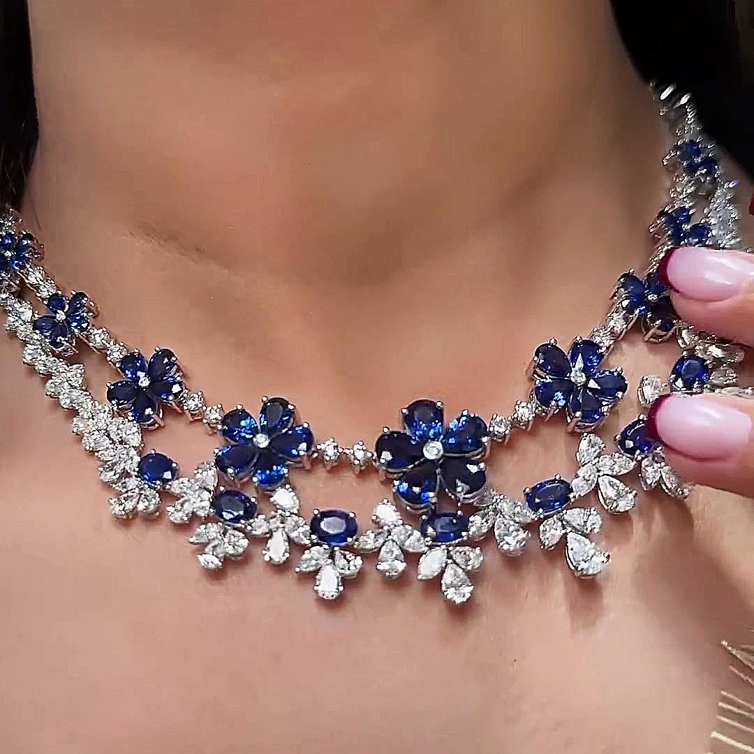 Floral Design Blue Sapphire Necklace&Earrings/2pcs