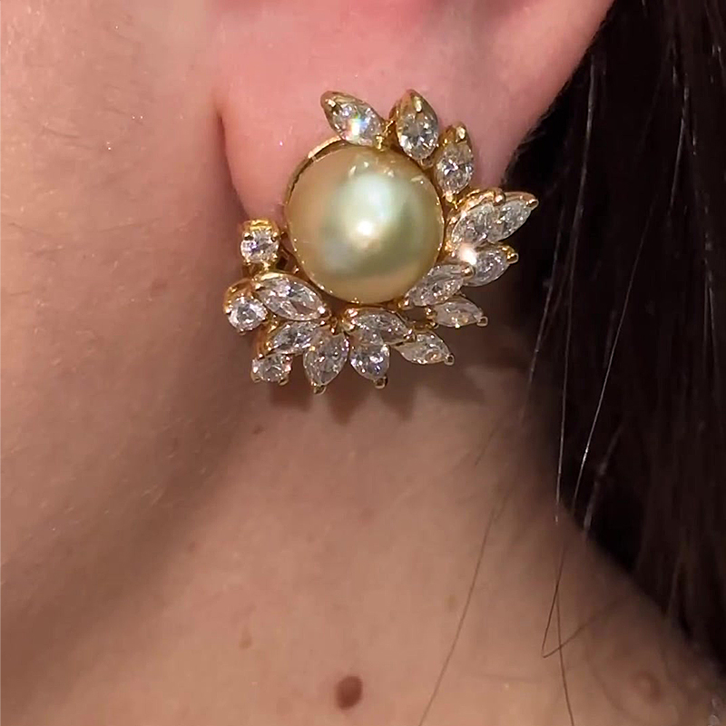 Art Deco Gold Pearl&Diamond Stud Earrings
