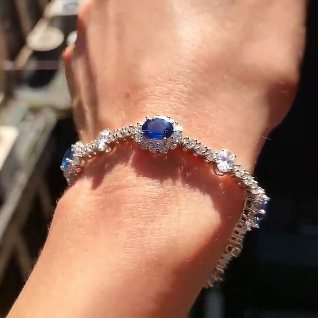 Oval&Round Cut Two-tone Sapphire Chain Bracelet