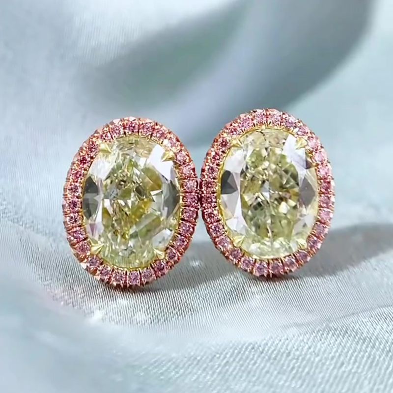 Pink Halo Oval Cut Apple Green Sapphire Stud Earrings