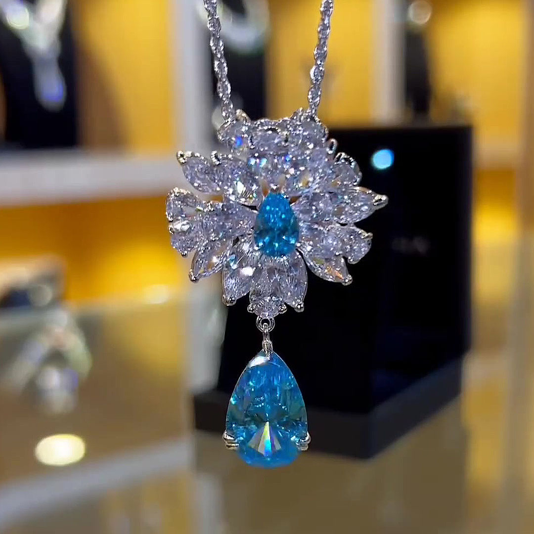 Two-tone Pear&Marquise Cut Aquamarine&White Sapphire Pendant