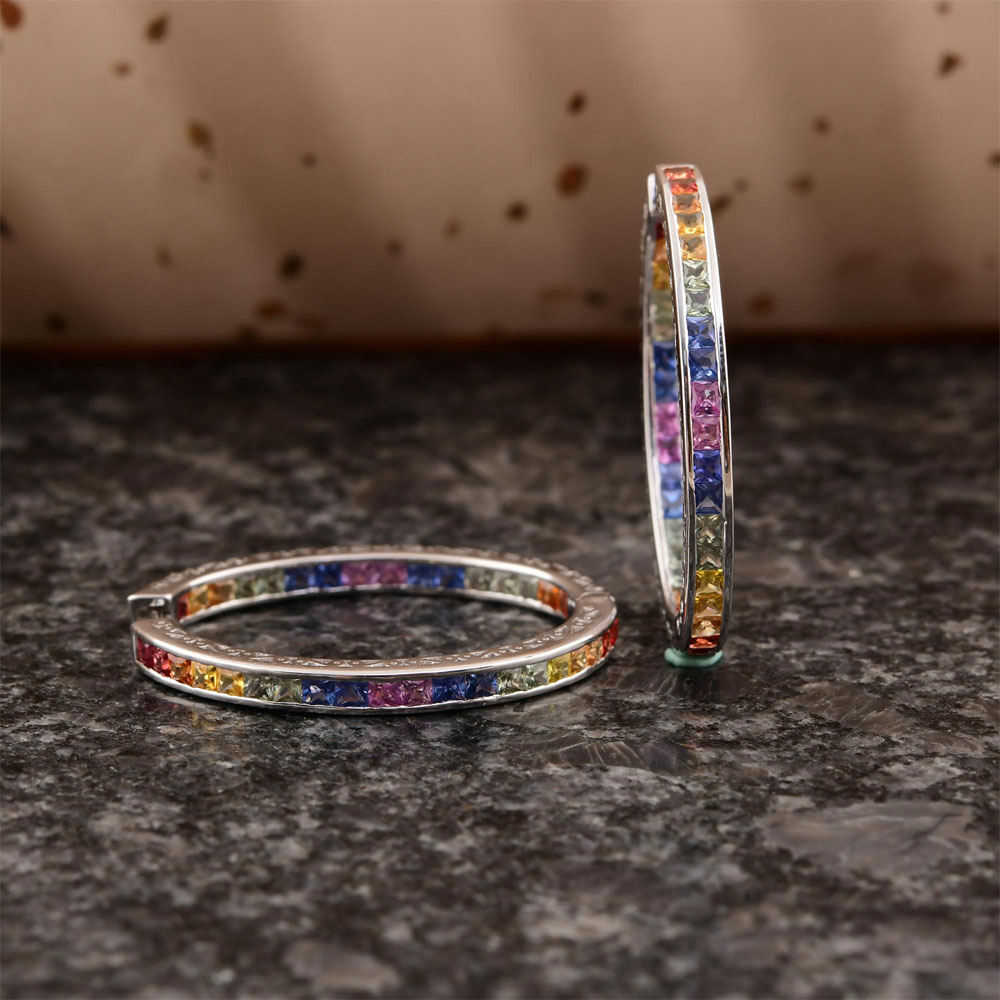 Channel Setting Princess Cut Rainbow Sapphire Hoop Earrings