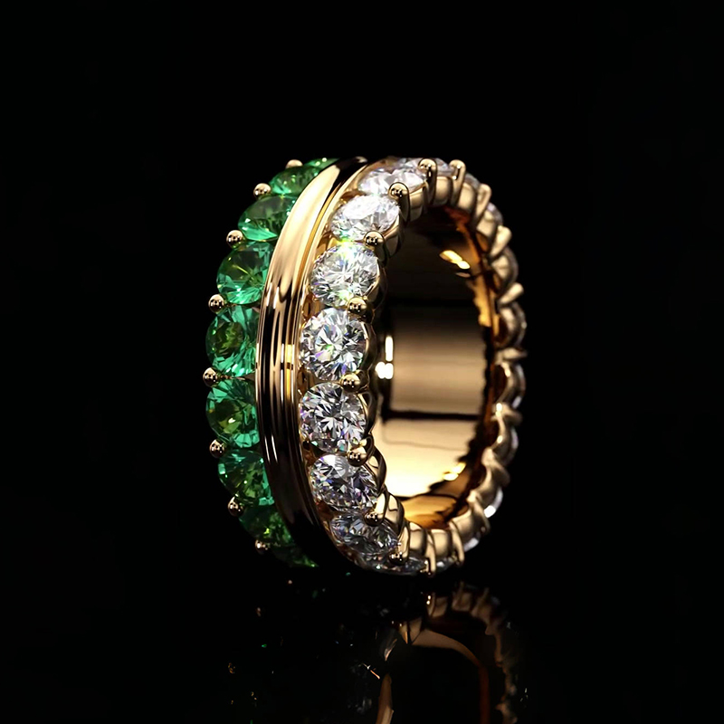 Emerald & White Sapphire Round Cut Two Color Band