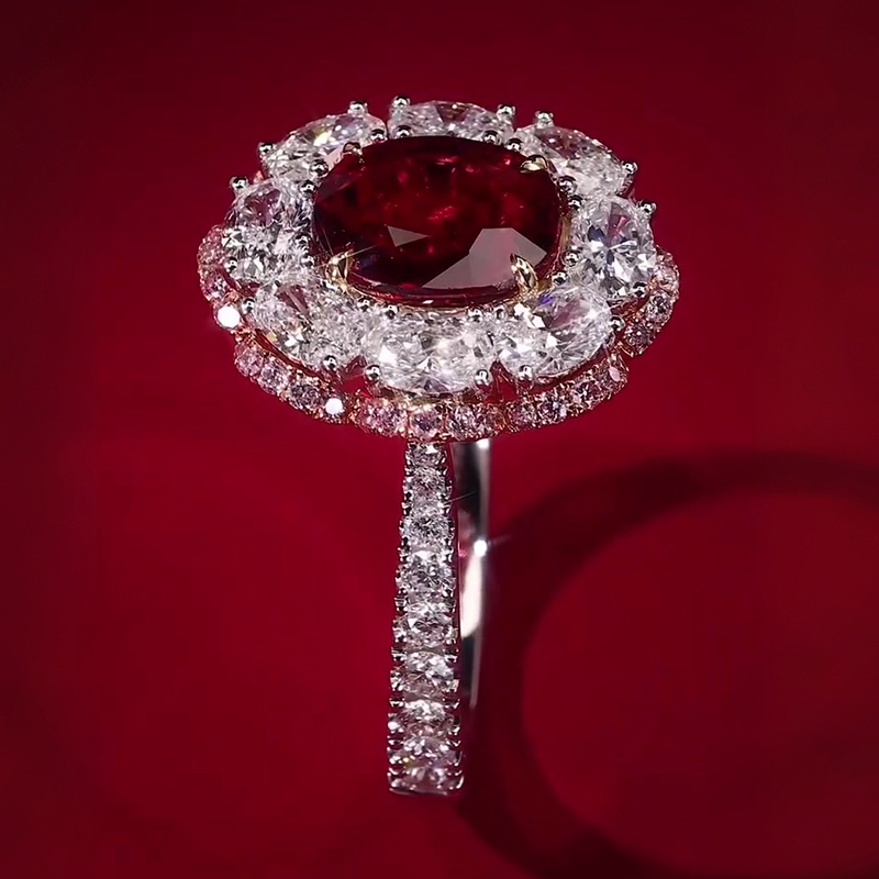 Romantic Floral 3ct Oval Cut Vivid Red Ruby & White Sapphire Statement Ring