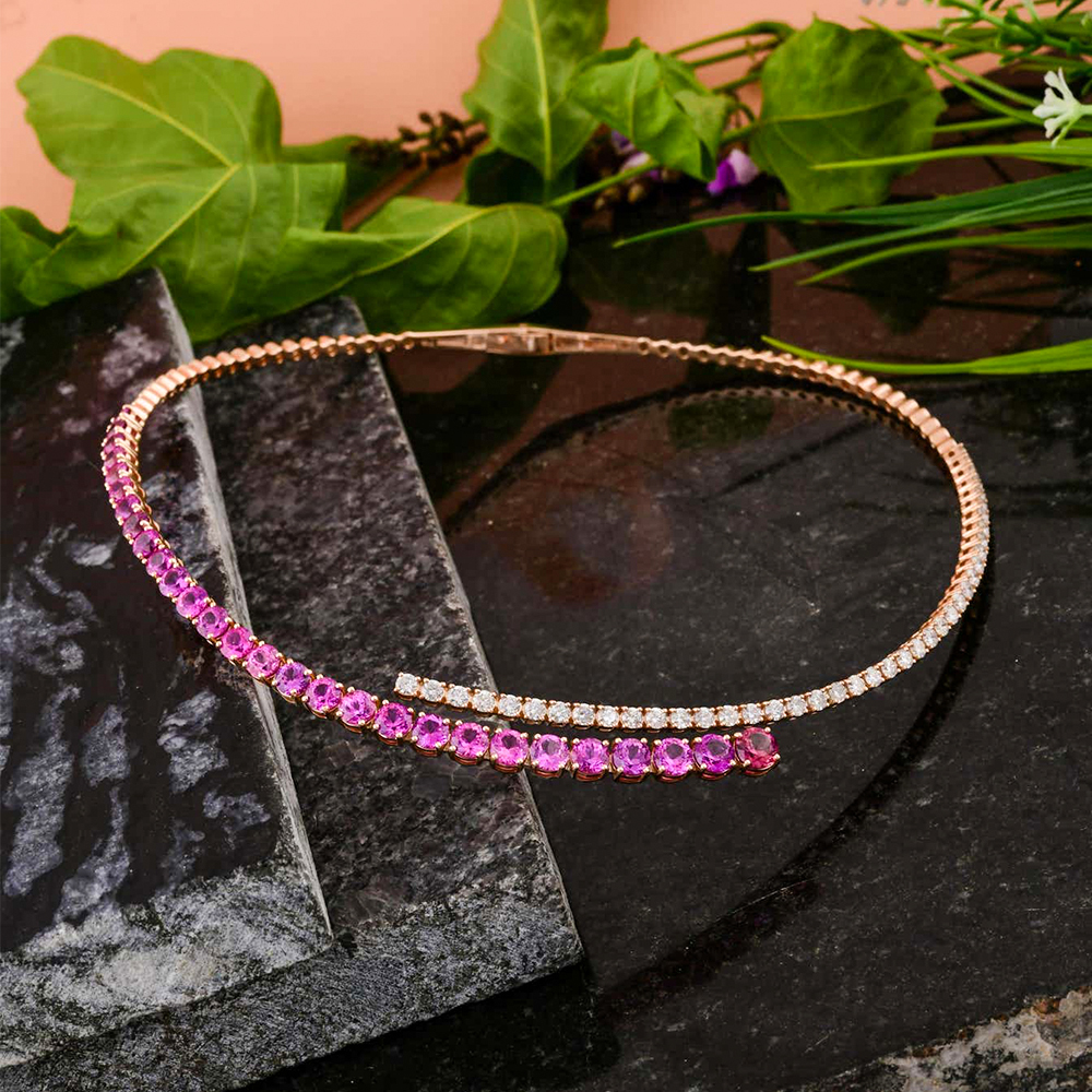 Two Tone Pink&White Sapphire Open Choker Necklace