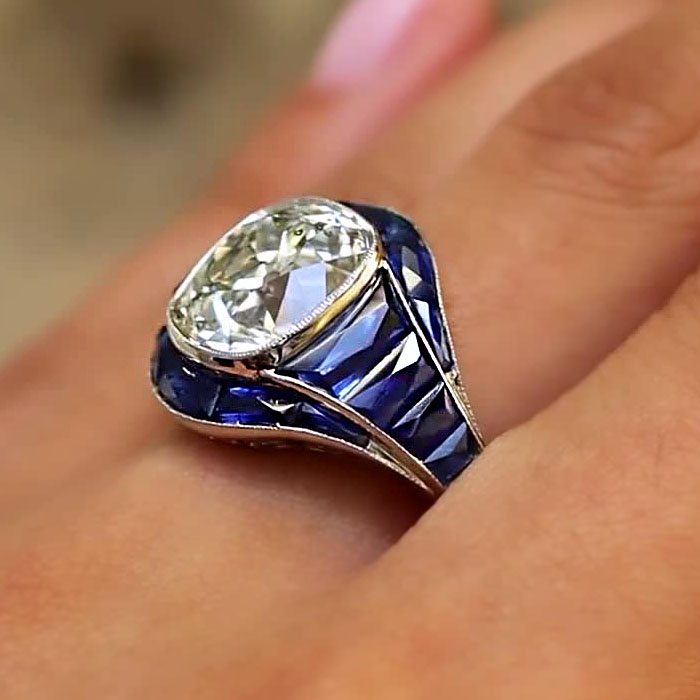 6.57ct Art Deco Cushion Cut Blue Sapphire Engagement Ring