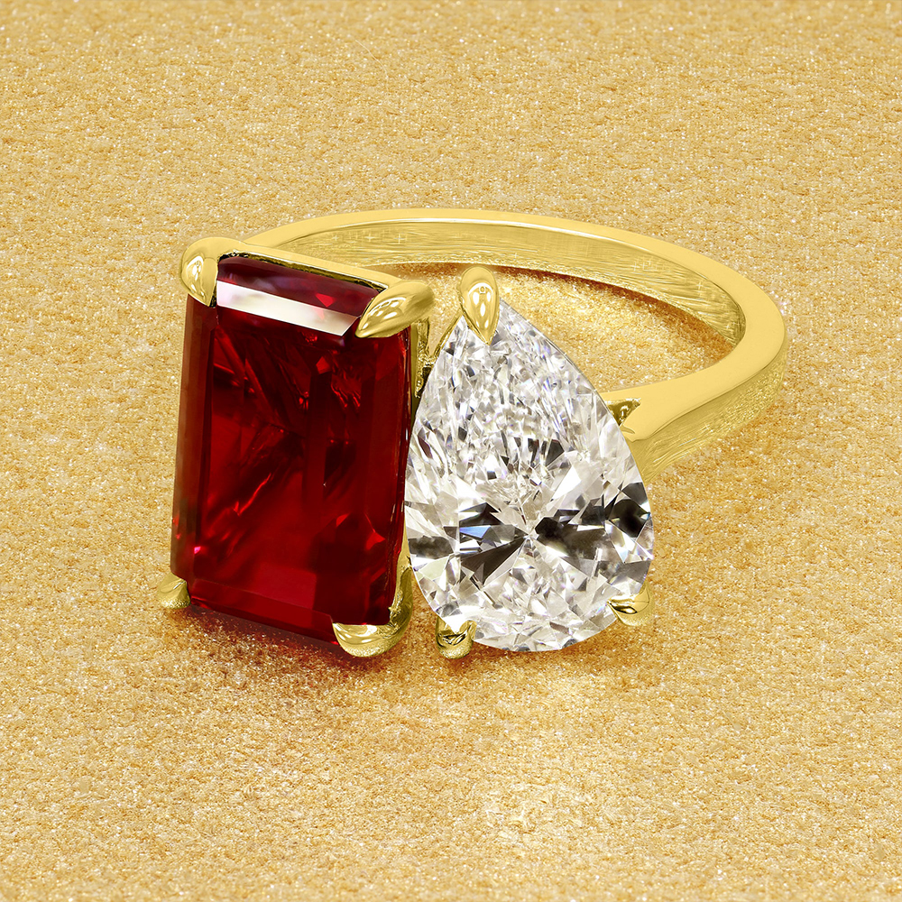 Toi et Moi 3ct Emerald&Pear Cut Ruby&White Sapphire Engagement Ring