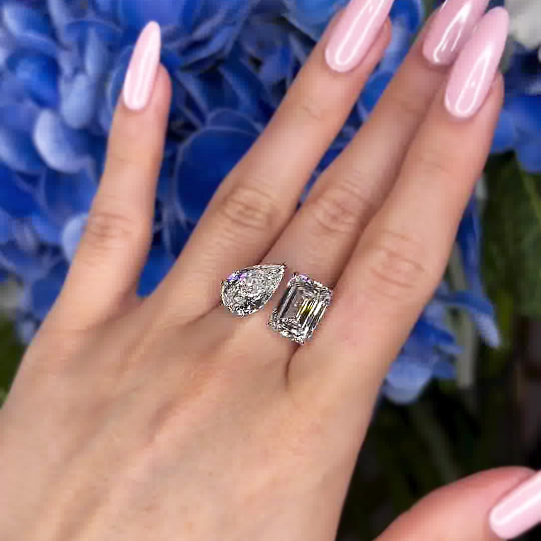 5.2ct Pear&Emerald Cut White Sapphire Toi et Moi Ring