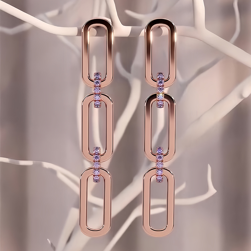 Chain-Link Round Cut Purple Sapphire Drop Earrings