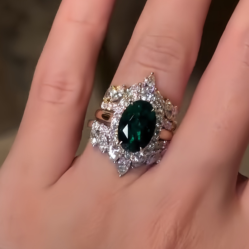 Halo 4ct Oval Cut Emerald Sapphire Wedding Set/3pcs