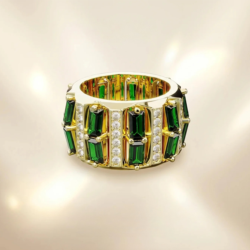 Baguette Emerald & White Sapphire Wide Band Statement Men's Ring