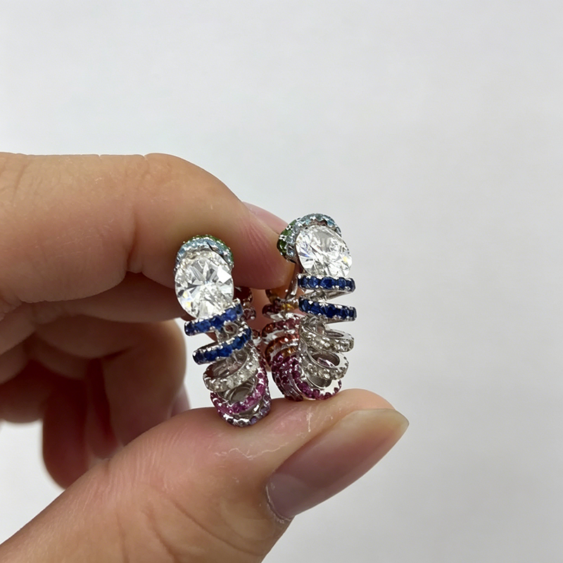 Oval Cut White & Round Cut Multicolor Sapphire Rainbow Twist Hoop Earrings