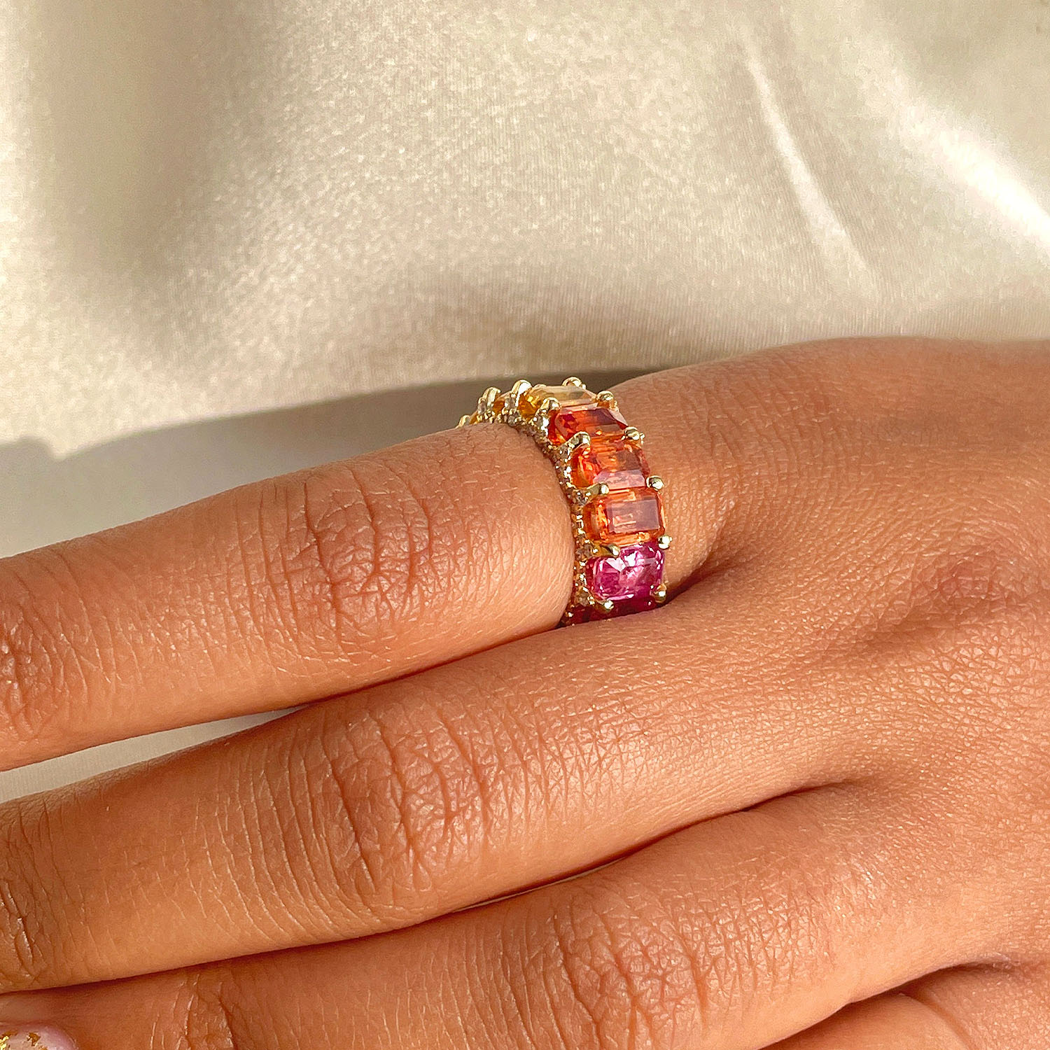 6.75ct Emerald Cut Rainbow Sapphire Eternity Ring