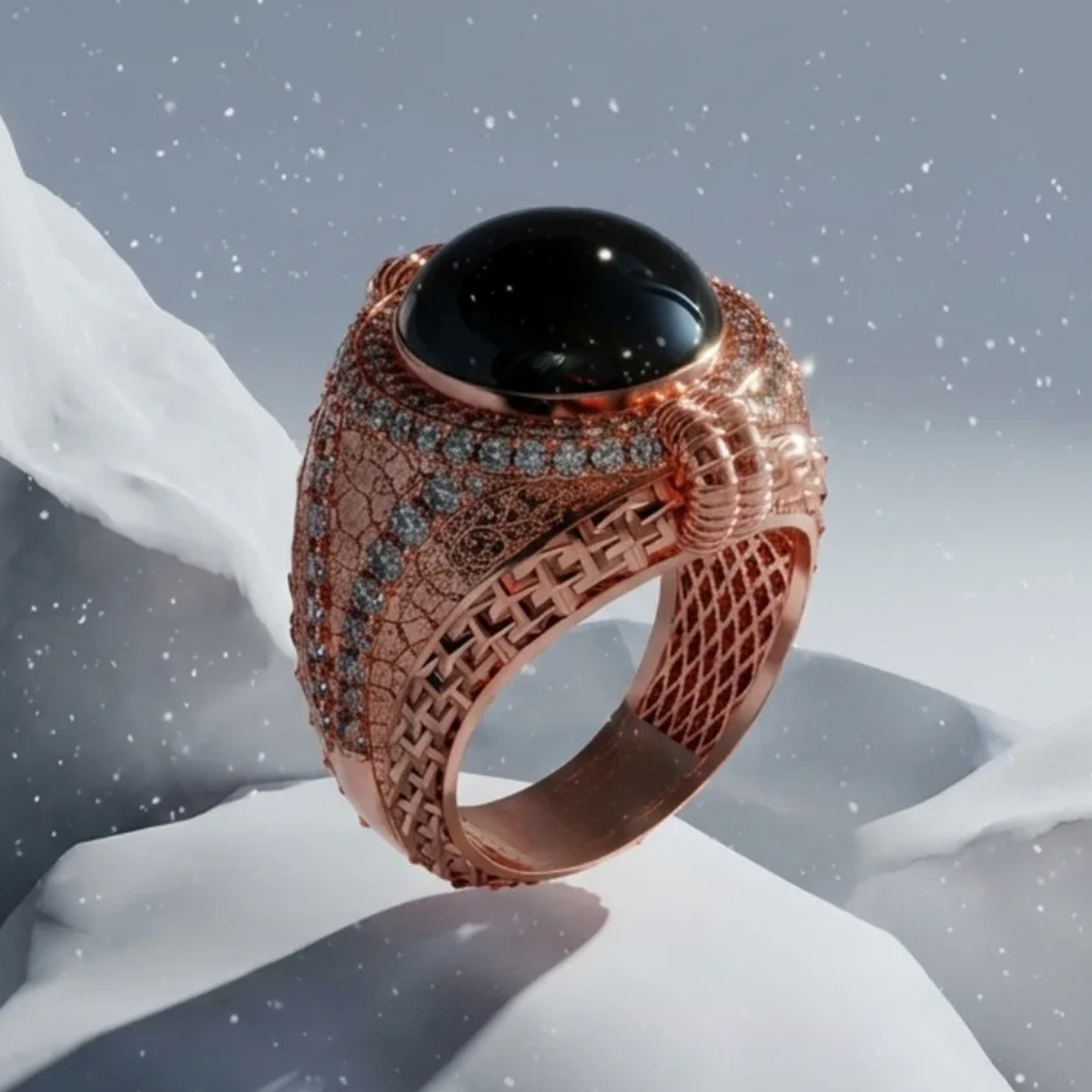 Vintage Filigree Rose Gold Black Onyx & White Sapphire Men's Ring