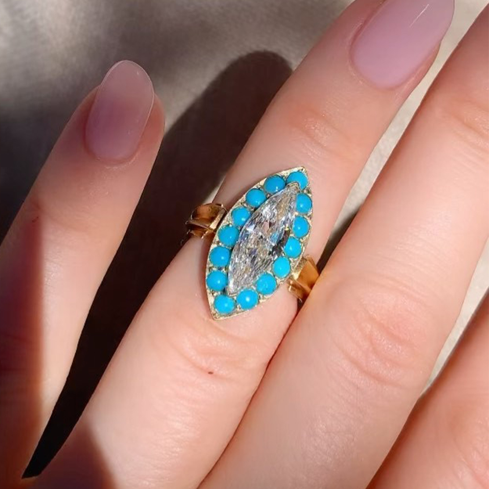 Bohemian 2.5ct Marquise Cut White Sapphire & Turquoise Statement Ring