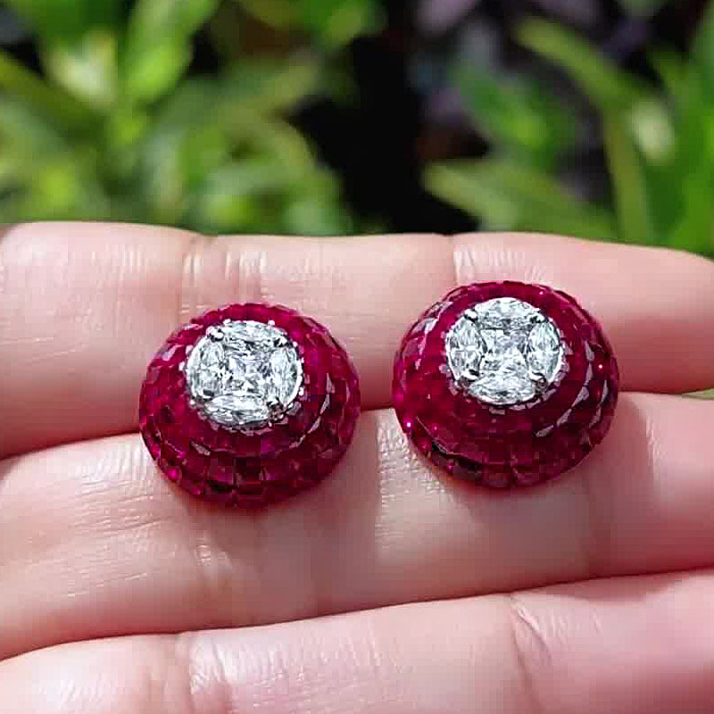 Invisible Setting Round Cut Ruby Sapphire Stud Earrings