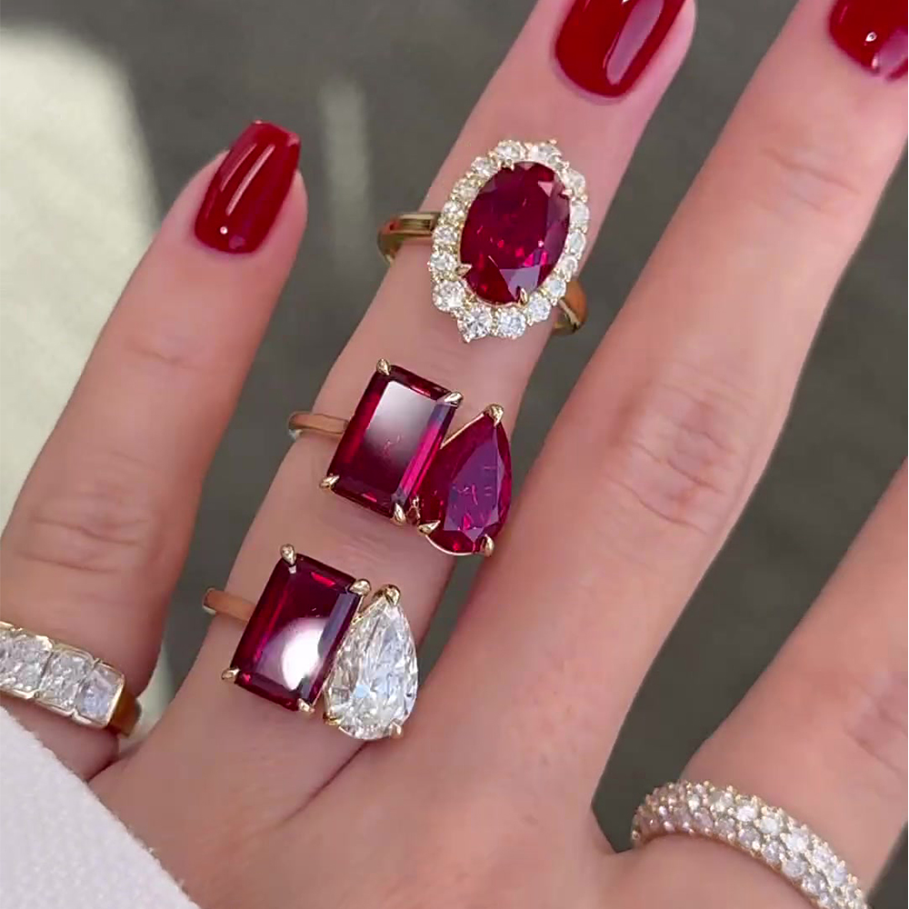 Toi et Moi 3ct Emerald&Pear Cut Ruby Sapphire Engagement Ring