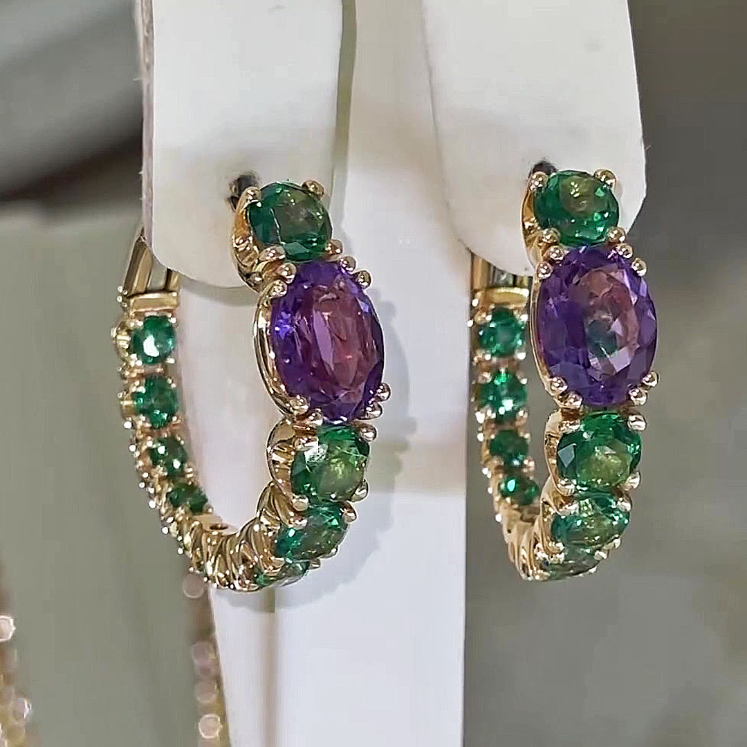 Oval&Round Cut Amethyst&Emerald Sapphire Hoop Earrings