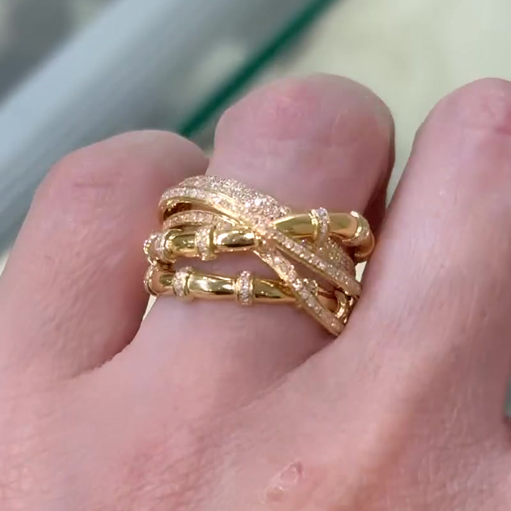 Bamboo Design 0.8ct White Sapphire Pave Ring