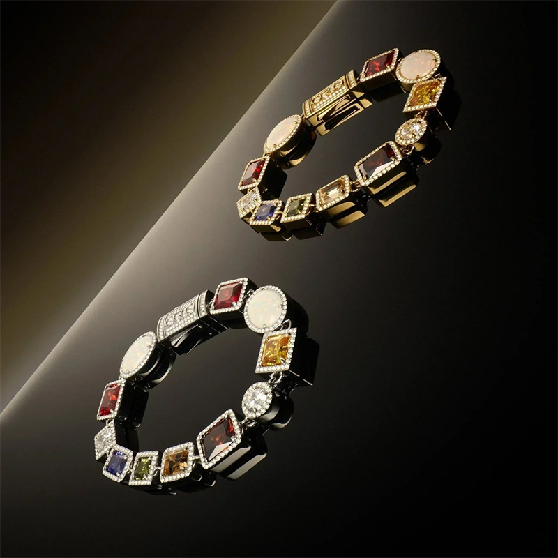 Art Deco Multi Cut Colored Gemstone Two Tone Men's Bracelet