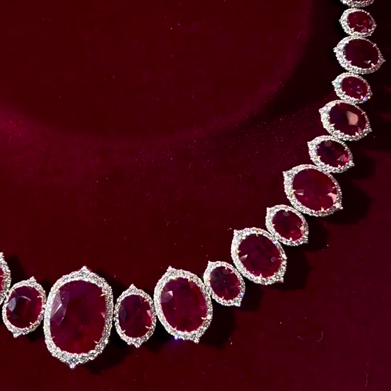 Oval Cut Vivid Red Ruby & White Sapphire Necklace