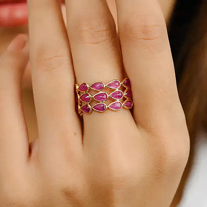 6.5ct Three-row Pear Cut Pink Sapphire Wedding Band