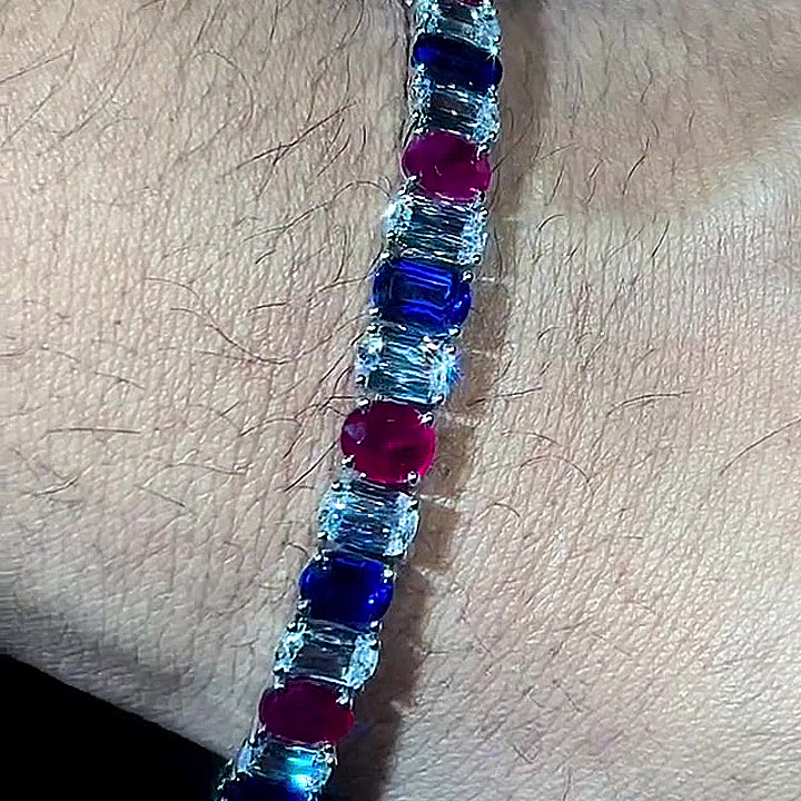 Three-Tone Multi-cut Blue&Ruby&White Sapphire Chain Bracelet