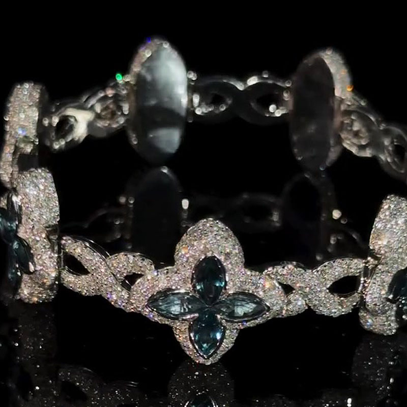 Men Marquise Cut Blue Sapphire Lucky Four Leaf Clover Bracelet